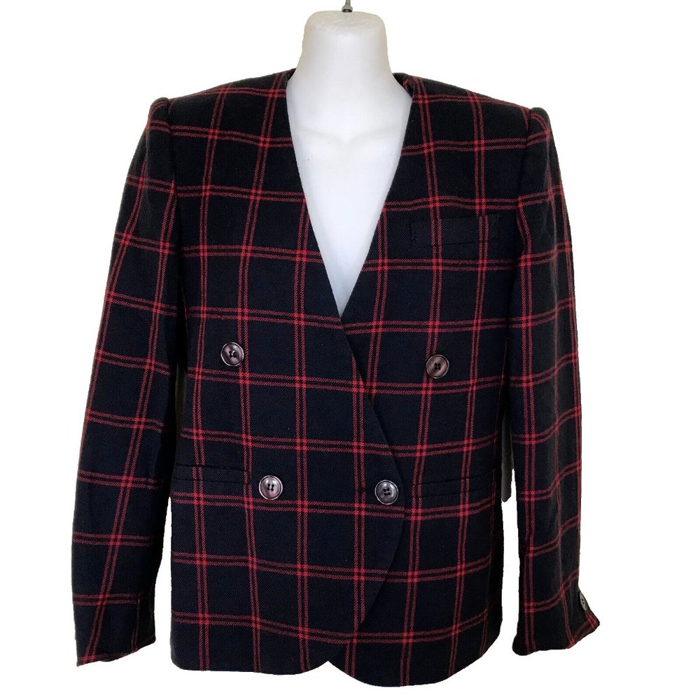 Jones New York Wool Blazer Navy Red Plaid Vintage Jacket Made in Canada